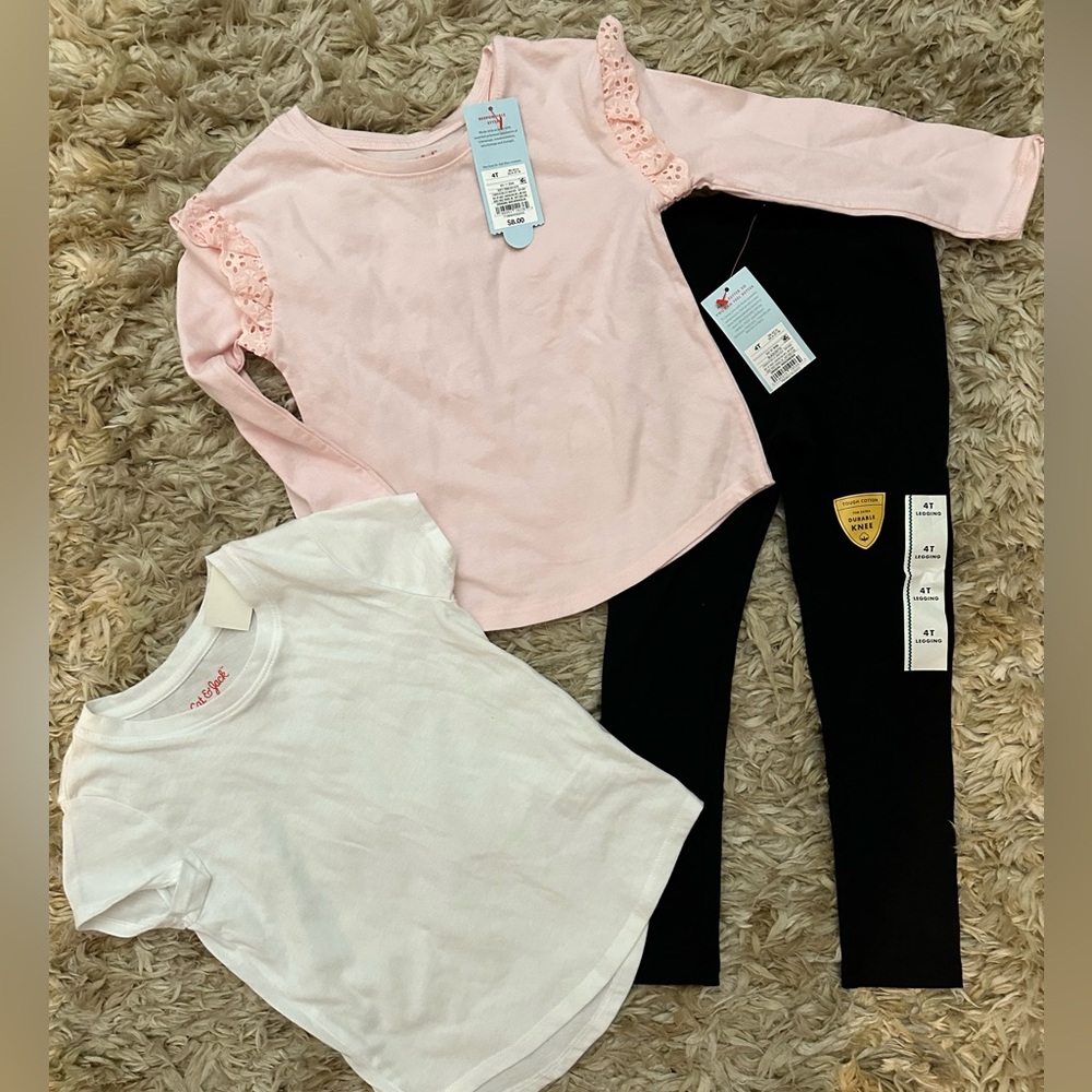 Cat & Jack NEW 4T Lot, Pink Ruffle Long Sleeve Top, White Tee & Black Leggings